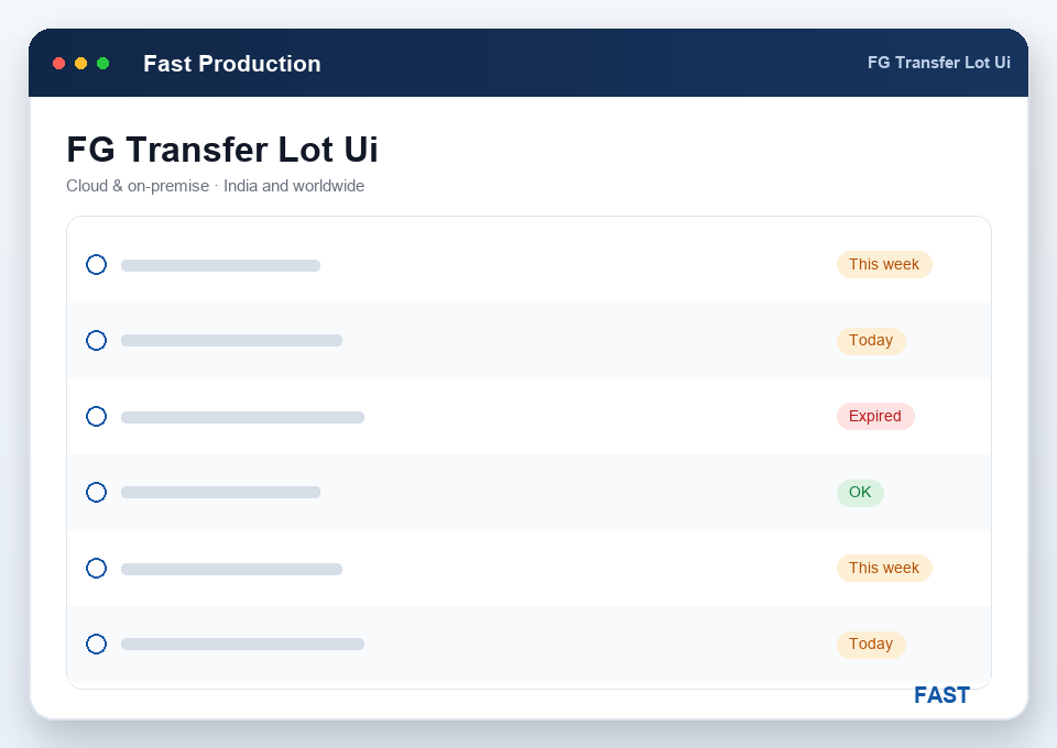 Lot-tracked FG transfer screen showing FGP/FG posting of finished pump housings into stock